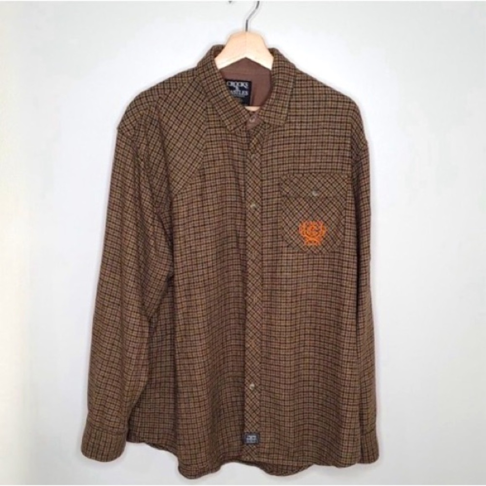 Crooks & Castles Brown Black Flannel Shirt Embroidered Pocket Elbow Patches 2XL